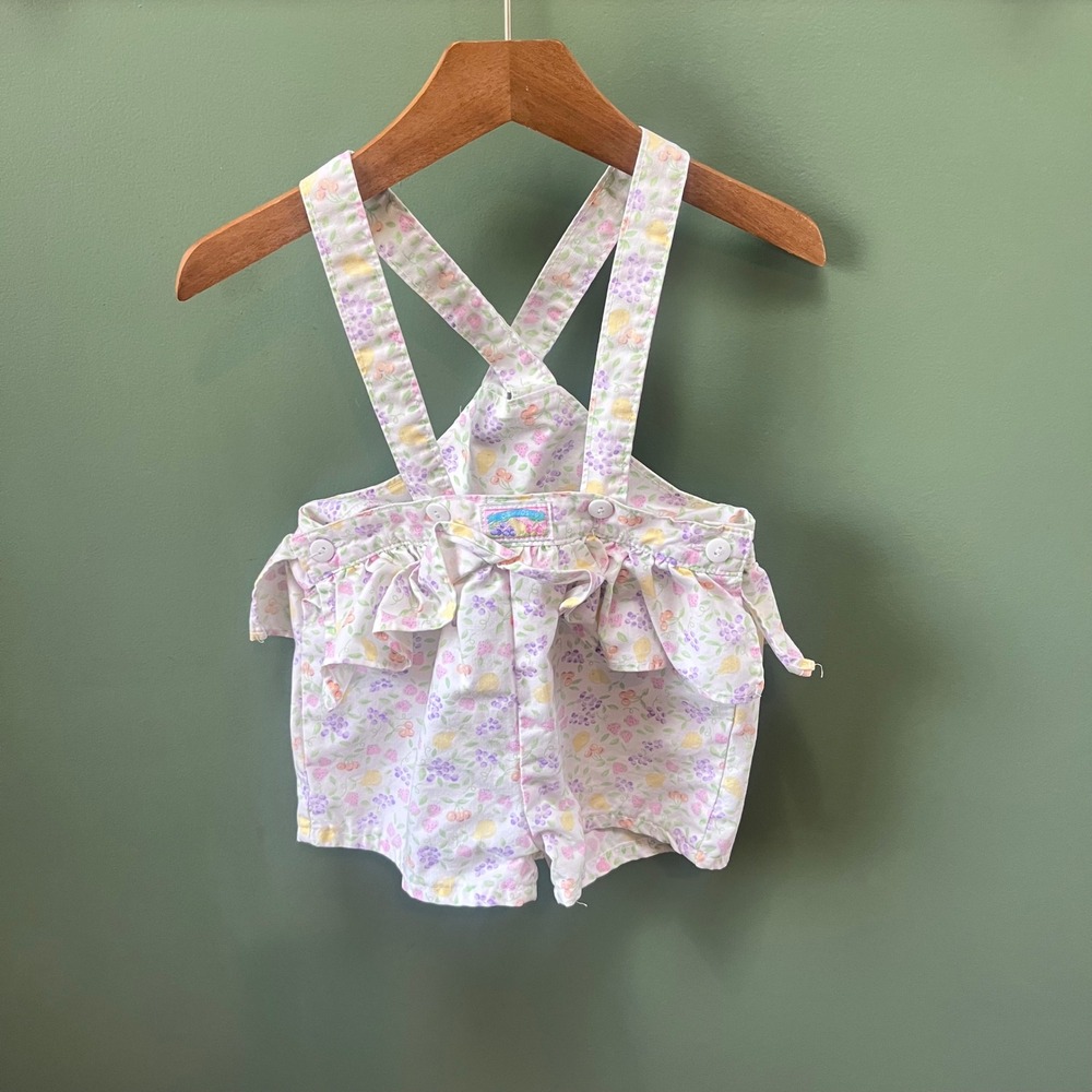 Rare Vintage OshKosh Bgosh Girls 3T Fruit Print Ruffle Vestbak Shortalls  USA